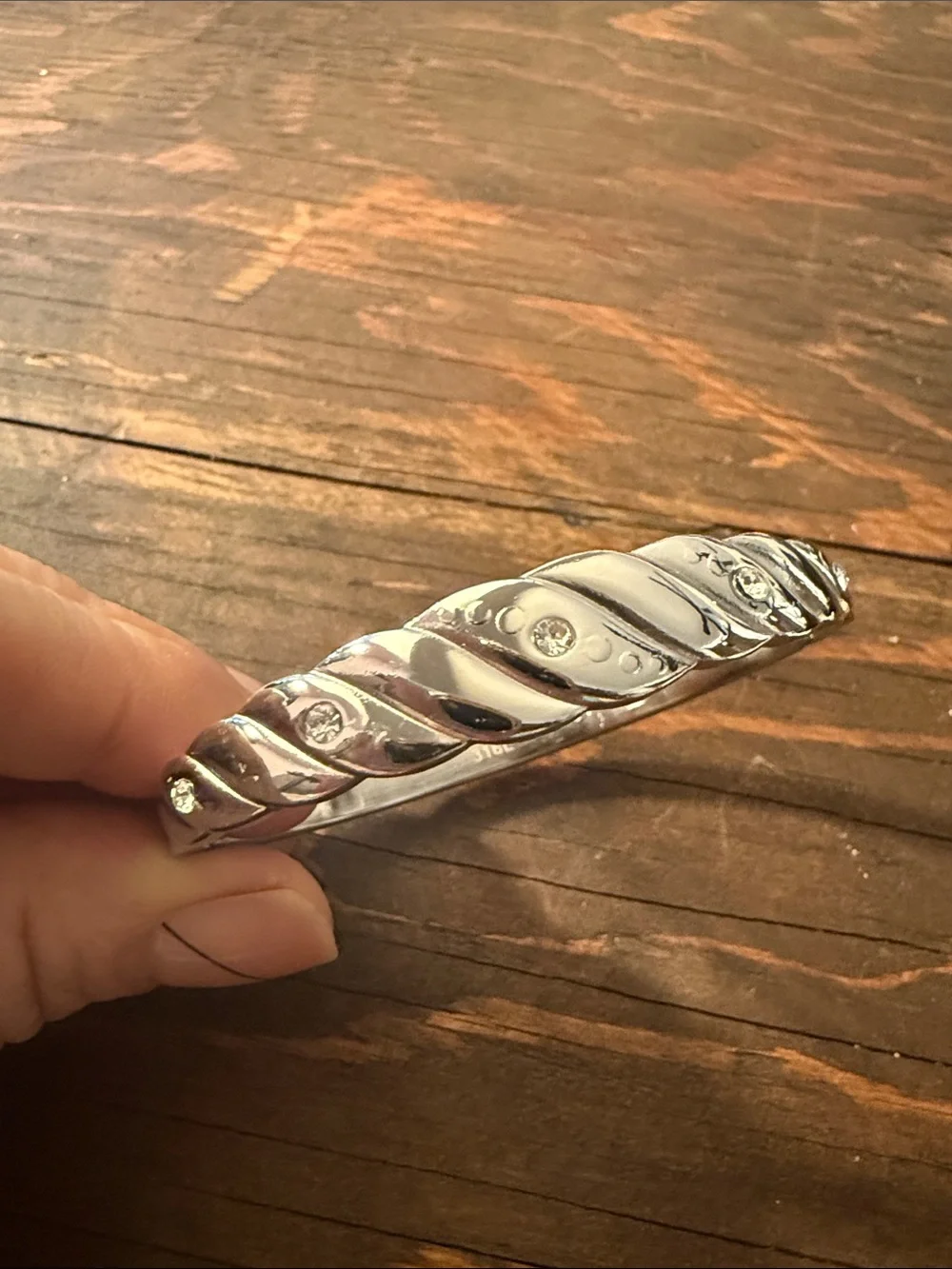Silver 316L Stainless Steel Twisted Bangle Bracelet with Rhinestones